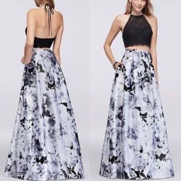 BLONDIE Nites Gray and Black Floral Satin Maxi Ball Skirt - Picture 1 of 16
